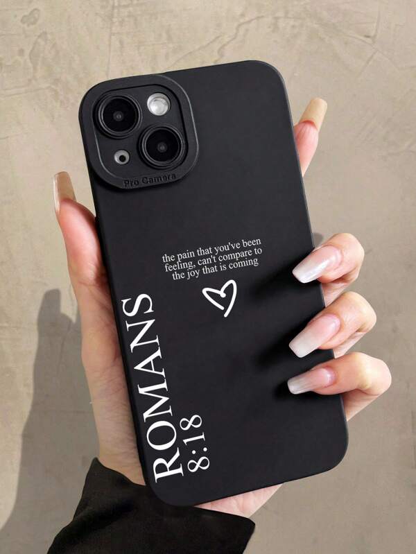 1pc Minimalist Religious Slogan Graffiti Heart Pattern Black Cat Eye Fully Wrapped Mobile Phone Soft Case Suitable For Iphone11/12/13/14/15/16pro Max