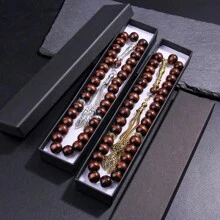 33 sztuki brązowych drewnianych koralików Misbaha Tasbih - 10x12mm ręcznie robione koraliki modlitewne z zawieszką w kształcie liścia - odpowiednie na Salah i Dhikr - idealny prezent na Eid, Ramadan, okazje islamskie - do codziennej modlitwy - z pudełkiem prezentowym