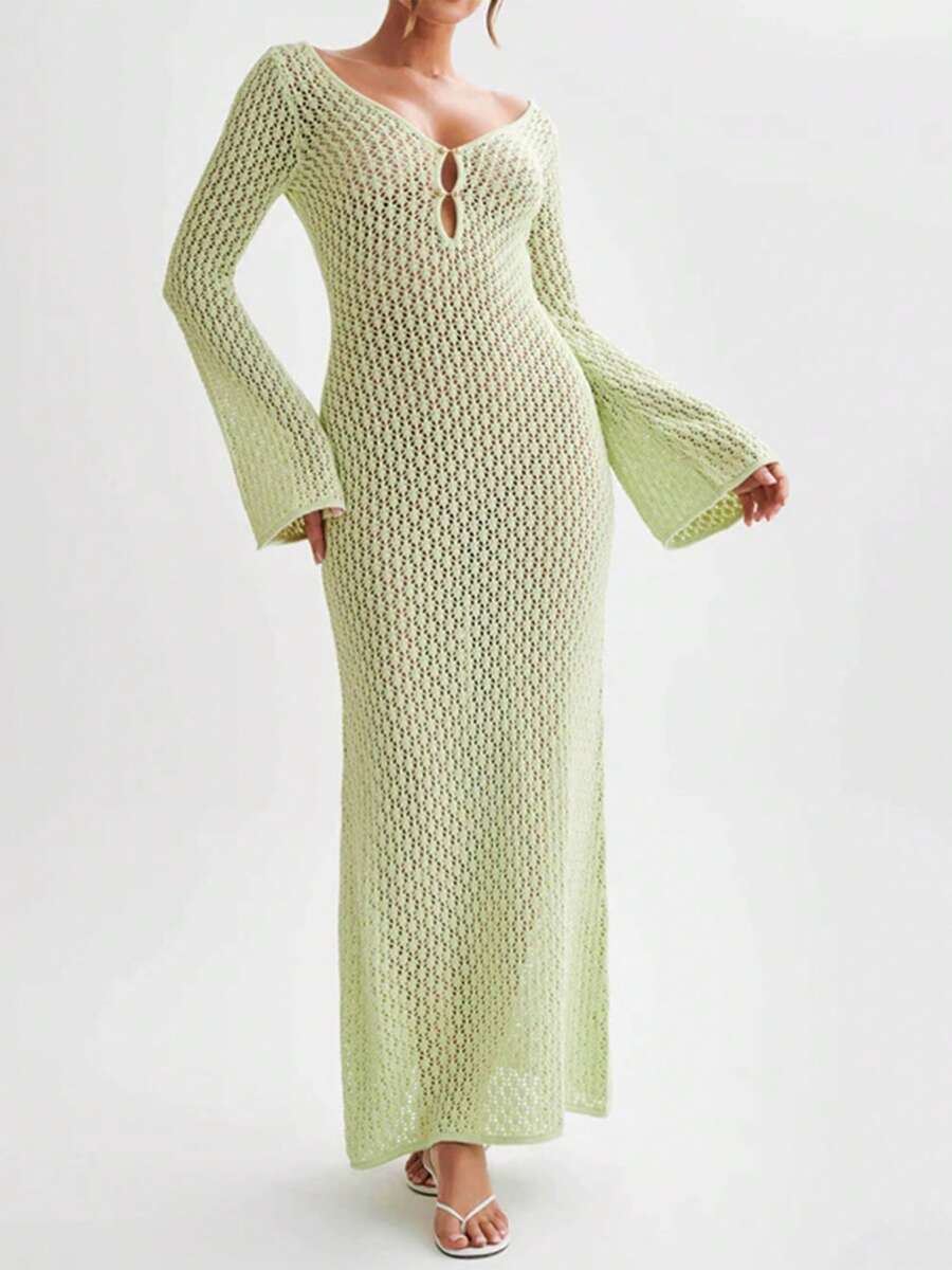 Women Summer Beach Long Knit Maxi Dress Solid Color Y2k Hollow-Out Deep V-Neck Long Sleeve Bodycon Dress Fall Backless Holiday Dress - Green - View 1