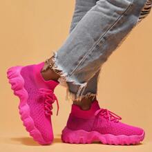 Women's Simple Plain Lace-Up Low Top Sock Sneakers, Summer 2024 Casual Comfortable Breathable Lightweight Sports Running Shoes - 棗紅 - 查看 6