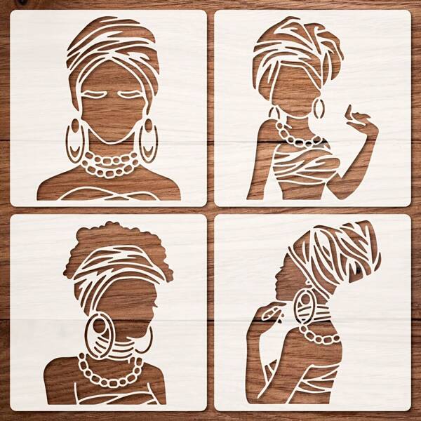 4 Pcs African Women Stencil Reusable For Painting With Paint Brush Drawing Templates For Crafts Wall Art Furniture Wood Canvas And For DIY,Back To School,School Supplies