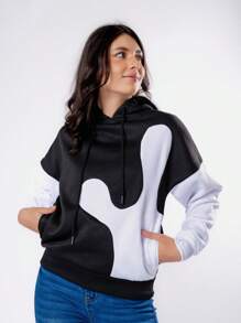 Sudadera con capucha y cordón de manga larga informal para mujer Sudadera con color en contraste - Negro - Ver 2