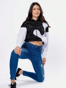 Sudadera con capucha y cordón de manga larga informal para mujer Sudadera con color en contraste - Negro - Ver 3