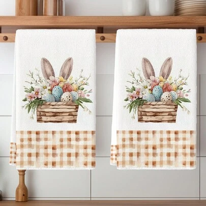 2 Pcs Easter Kitchen Towels Holiday Cartoon Bunny Flower Egg Plaid Hand Towel Kitchen Dish Towel Easter Kitchen Decoration