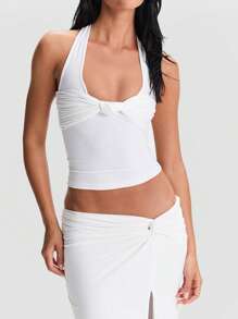 Women's Halter Neck Tank Tops Summer Sleeveless Solid Color Knot Front Shirts Dressy Tops - 白色 - 查看 3