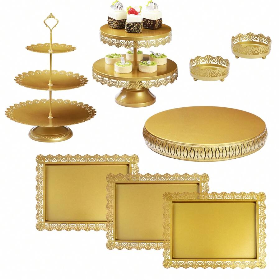 8Pcs Gold Cake Stand Set, 14 Inch Round Metal Cake Stand With 50lb Capacity, Candy Fruit Display Plate Cupcake Serving Tower For Birthday Baby Shower Wedding Decor (Gold/Champagne/White) - 金色 - 查看 1