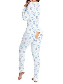 Pijama de una pieza para dormir de Navidad para mujeres, con manguitas largas, escote en V, estampado, ajuste holgado, ropa cómoda para el hogar con cintura elástica y entrepierna desmontable - Celeste - Ver 5