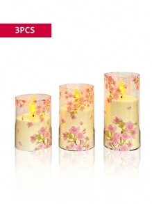 3 件/套樱花蜡烛灯带定时器遥控器，闪烁无焰蜡烛，带粉色樱花 LED 电池供电真蜡，3 件逼真灯芯柱状蜡烛带温暖火焰，适用于家庭、卧室、婚礼、订婚、圣诞节、万圣节、公司聚会