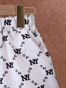 青少年男孩夏季休闲字母印花衬衫和短裤套装（带小袋） - 白色 - 查看 4