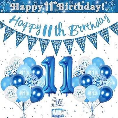 11th Birthday Decorations , Blue 11th Birthday Balloons And Happy Birthday Banner, Blue White Balloon With Large Number Balloon 11, Triangle Flag Confetti Balloons For  Party Decoration