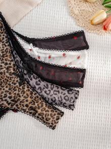 5pcs/Pack Women Solid Color, Strawberry, Leopard Print, Bow Decor Comfortable Thong Panties - Multicolor - View 6