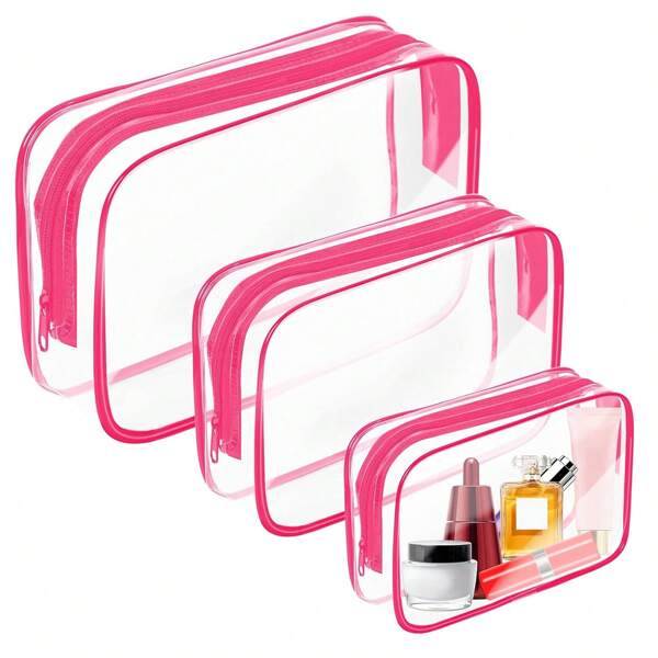 Set de 3 bolsas de maquillaje impermeables y transparentes, esenciales para vacaciones de verano y viajes. Bolsas de cremallera versátiles y ligeras para artículos de aseo y accesorios de mujeres. Organizador de maquillaje de gran capacidad para lápiz labial, brochas, cuidado de la piel, teléfono móvil, monedas y artículos pequeños, para uso en el hogar, como regalo, vacaciones y festivales de Halloween, Navidad y vuelta al colegio.