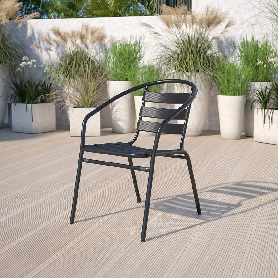 Black Metal Stack Chair With Aluminum Slats