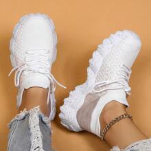 Women's Simple Plain Lace-Up Low Top Sock Sneakers, Summer 2024 Casual Comfortable Breathable Lightweight Sports Running Shoes - 巧克力棕 - 查看 3