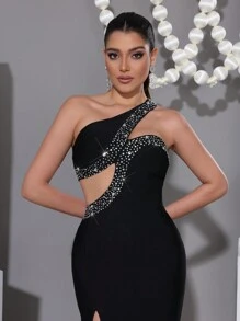 Modphy Sexy Asymmetrical Neck Hollow Out Sparkly Rhinestone Detail Cutout Waist Slit Bandage Dress, Elegant Formal Party Evening Gown, Wedding Guest Dress - Black - View 8
