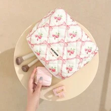 1 件可爱蝴蝶结绗缝化妆包，时尚便携女士拉链化妆包，多功能旅行化妆品收纳包，大容量、可爱设计化妆包，适合旅行、日常使用、居家、美容收纳