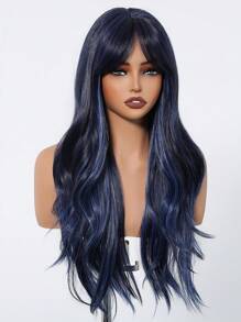 Multicolor Synthetic Wig With Bangs Black Mix Blue Long Natural Curly Wig For Women Daily Party Cosplay Wigs For Girls