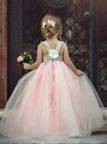 Vestido de princesa para niñas, vestido de tutú sin mangas para dama de honor, vestido de fiesta con estampado floral - Rosa - Ver 3