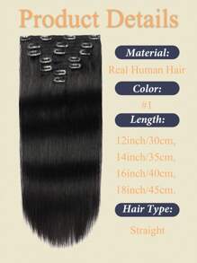 Set de 7 extensiones de cabello humano 100% brasileño Remy con clips, 70g, negro azabache, cabello liso, 16 clips, costura de doble capa - S1 - Ver 4