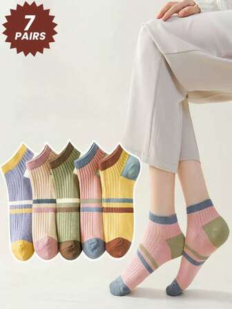 7 双女式随机颜色短袜，透气吸水短袜，春夏时尚运动学院风女生袜子