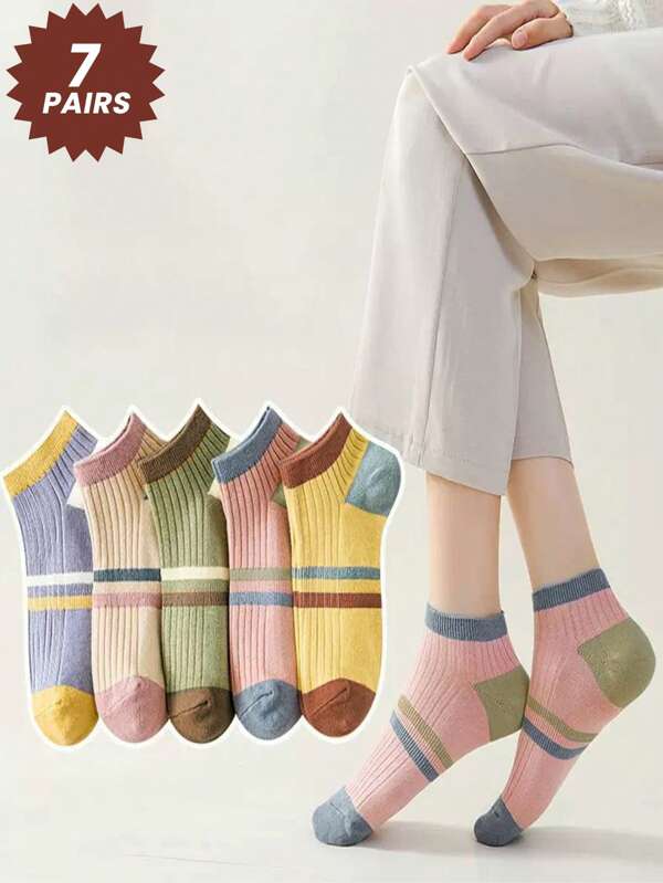 7 Pairs Women's Random Color Ankle Socks, Breathable Absorbent Short Socks, Spring/Summer Fashion Sporty Collegiate Style Socks For Girls