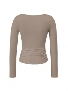 Vaiaye Women's Spring/Summer Y2K Square Neck Long Sleeve Fitted T-Shirt, Solid Color Sexy Top, Suitable For Valentine's Day - Brown - View 4