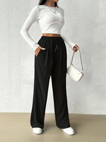 Plain High Waist Drawstring Pleated Side Pockets Loose Wide Leg Pants - Black - View 7