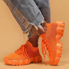 Women's Simple Plain Lace-Up Low Top Sock Sneakers, Summer 2024 Casual Comfortable Breathable Lightweight Sports Running Shoes - 橘色 - 查看 5