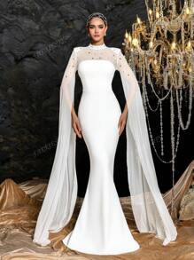 Faeriesty Faeriesty Rhinestone Detail Mock Neck Extra-Long Sleeves Formal Mermaid Dress