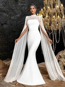 Faeriesty Faeriesty Rhinestone Detail Mock Neck Extra-Long Sleeves Formal Mermaid Dress