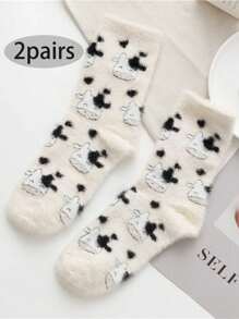 Bộ 2 đôi tất nhung họa tiết chấm sữa, có lót, dày dặn, dễ thương, tất dài đến đầu gối ấm áp khi ở nhà, ấm áp - Nhiều màu - Xem 5