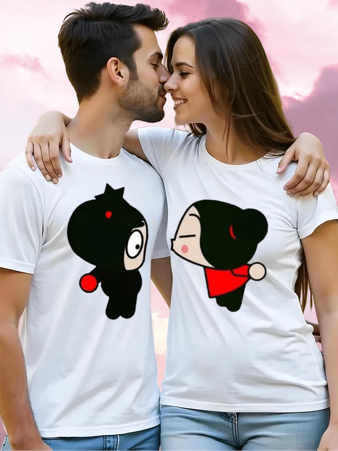 Payeah 1Pcs Valentine's Day Cartoon Anime Characters Digital Print Women's 100% Cotton Short Sleeved Couple T-Shirt 220g - 男性-白人 - 查看 1