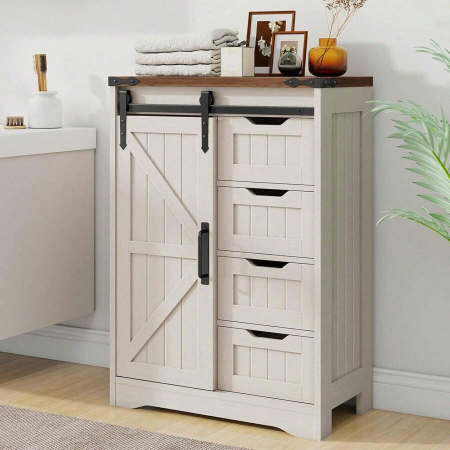 Farmhouse Style Tall Storage Cabinet With Doors & 2 Drawers - Adjustable Shelf For Bathroom, Living Room, Entryway (White)