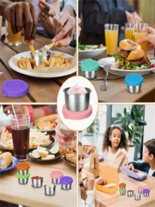 1/6pcs Stainless Steel Seasoning Containers With Silicone Lids, Leak-Proof Anti-Rust Diamond Pattern Mini Dipping Sauce Cups For Lunch Box, Picnic, Travel, Holiday Theme - Brushed Metal Finish