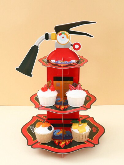 一套消防栓主题蛋糕架，灭火器图案纸杯蛋糕架，多层蛋糕托盘，消防员主题蛋糕架，消防栓造型，适合生日、婴儿派对、节日餐桌DIY蛋糕装饰，生日快乐蛋糕装饰托盘，生日派对礼物