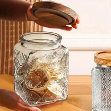 3 Piece Nordic Style Vintage Glass Storage Jar Set, Begonia-Pattern And Sunflower, Versatile Square Clamshell, Reusable, Safe To Transport, Suitable For Kitchen And Home Snacks And Grain Tea, Coffee Beans, Sugar, Confectionery, Biscuits, Spices - Trong sáng - Xem 7