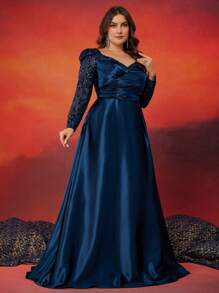 XUIBOL Elegant Plus Size Women Sequin Satin Splicing Figure-Hugging V-Neck Long Sleeve Dress With Folds And Pockets, Graceful Formal Gown For Banquet, Mother Of The Bride Dress, Party Dress, Wedding Guest Dress, Evening Dress - 藏蓝色 - 查看 4