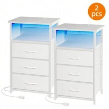 Superlele Bedside Table With Charging Station, LED Nightstand With USB Ports And Outlets, 3 Fabric Storage Drawers With PU Finish, Bed Side Table For Bedroom, Living Room, White - US B Type Plug(110-127V) - View 7