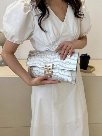 1pc PU Leather Solid Color Simple Luxury Stone Texture Embossed Clutch Bag, Daily Shopping Or Festival Gift, Prom Bag For Party