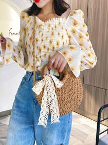 1 Peça Bolsa de Palha Trançada de Cor Sólida, Estilo Boêmio da Moda, Decorada com Fitas, Alças Redondas, Bolsa Feminina para Praia, Adequada para Viagens e Férias Casuais, Pode Ser Facilmente Combinada com Looks Simples, Também Adequada para Lazer e Compras ao Ar Livre, Ideal para Férias na Praia, e um Item Essencial para Férias. - Caqui - Visão 7