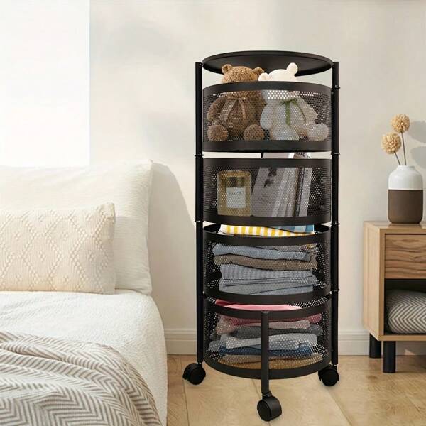1Pc Multifunctional Rotating Storage Rack With Drawers - Round Metal Organizer Tower With Rollers For Kitchen, Bedroom, Living Room, Office And Dormitory Storage, Practical Shelf Valentine's Day