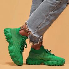 Women's Simple Plain Lace-Up Low Top Sock Sneakers, Summer 2024 Casual Comfortable Breathable Lightweight Sports Running Shoes - màu xanh lá - Xem 6
