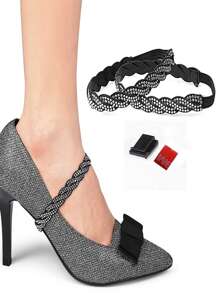 1 Pair - High Heels, Anti-Falling Elastic Shoelaces, Elastic Band Diamond Decoration, Non-Heel Fixed Shoelaces, Used For High Heels, Women's Shoes, Anti-Loosening Straps - Black with diamonds - View 3