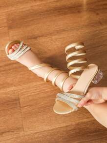 Girls' Gold High Heel Sandals, Children Rhinestone Summer Shoes