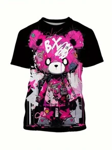 Áo thun nam mùa hè nhẹ, dáng rộng, thoải mái, in hình gấu hoạt hình 3D, cổ tròn, tay ngắn, chất liệu polyester. - Nhiều màu - Xem 3