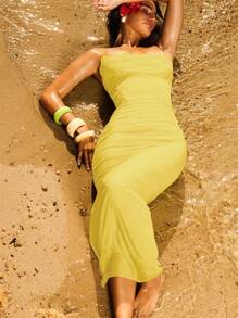 Women's Sexy Fitted Mesh & Lace Splice Ruffle Hem Split Cocktail Party Dress, Wedding Guest Dress, Suitable For Spring & Summer - Yellow - View 4