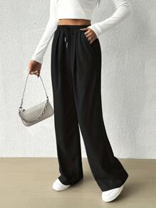 Plain High Waist Drawstring Pleated Side Pockets Loose Wide Leg Pants - Black - View 4