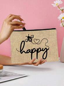 Make-uptas met opdruk van de letters "Happy" en een klein bijenpatroon - lichtgewicht en geurloze reistas van polyester, geschikt voor natuurliefhebbers en vrouwen, leuke multifunctionele canvas tas in cartoonstijl, perfect cadeau voor tieners, verjaardags- en reisaccessoires, vakantiecadeaus, boho-sfeer, voor strandvakanties, badkamercollectie, slaapkamercollectie, grote capaciteit