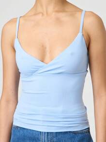 Women Y2k Spaghetti Strap Camisole Crop Tank Top Cami Tops Floral Print Sleeveless V Neck Solid Color Slim Fit Backless Vest Going Out Tops Clubwear Streetwear Summer Outfit Aesthetic Clothes - 淺藍色 - 查看 1