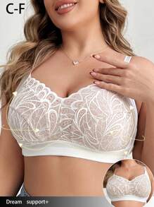 Plus Size Women's Fashionable Lace Wireless Bra - White - View 5